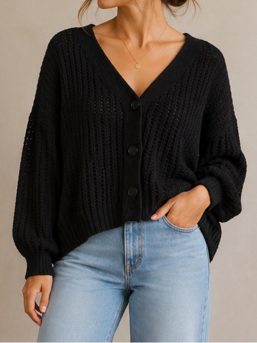 Relaxed V-Neck Black Button-Front Cardigan Sweater